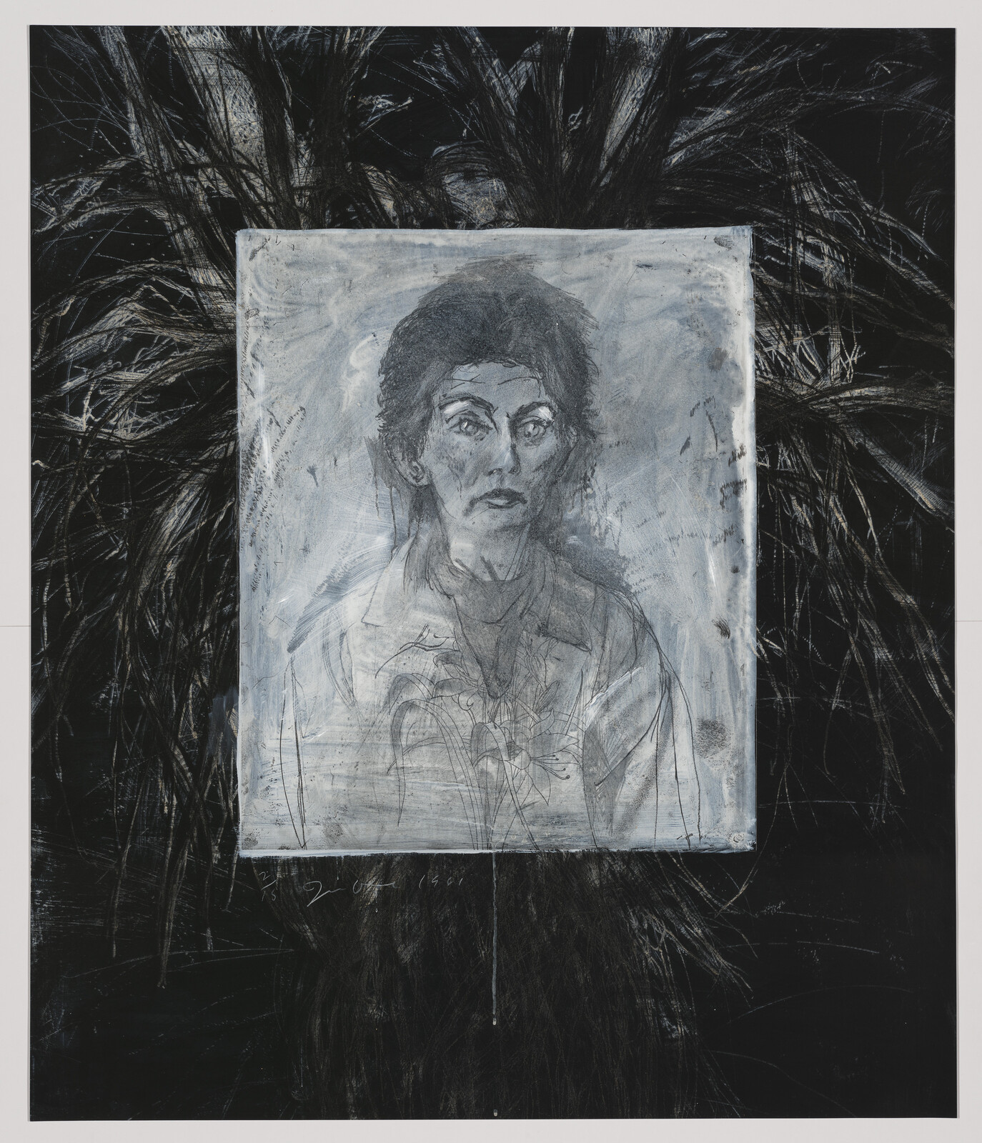 A mixed media artwork featuring a central canvas with a sketched portrait of a person with an intense gaze and dark hair. The portrait is set against a larger, dark background with expressive, black brushstrokes that create a dynamic and somewhat chaotic texture around the canvas. The artwork has a raw, emotive quality, with the contrast between the light canvas and the dark surroundings drawing attention to the depicted figure.