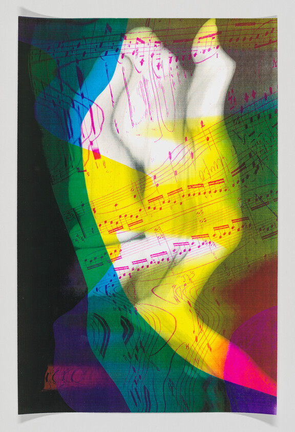 Nude torso silhouette overlaid with translucent rainbow shapes and sheet music notes.