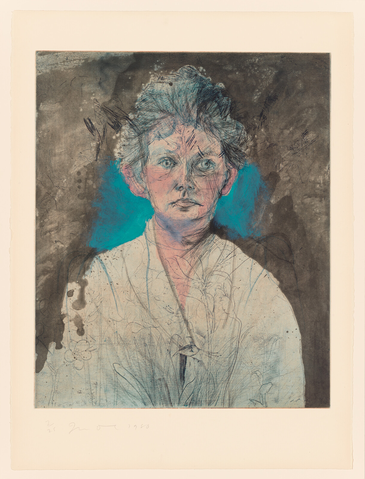 A thoughtful middle-aged woman with short hair gazes forward against a teal and gray background.