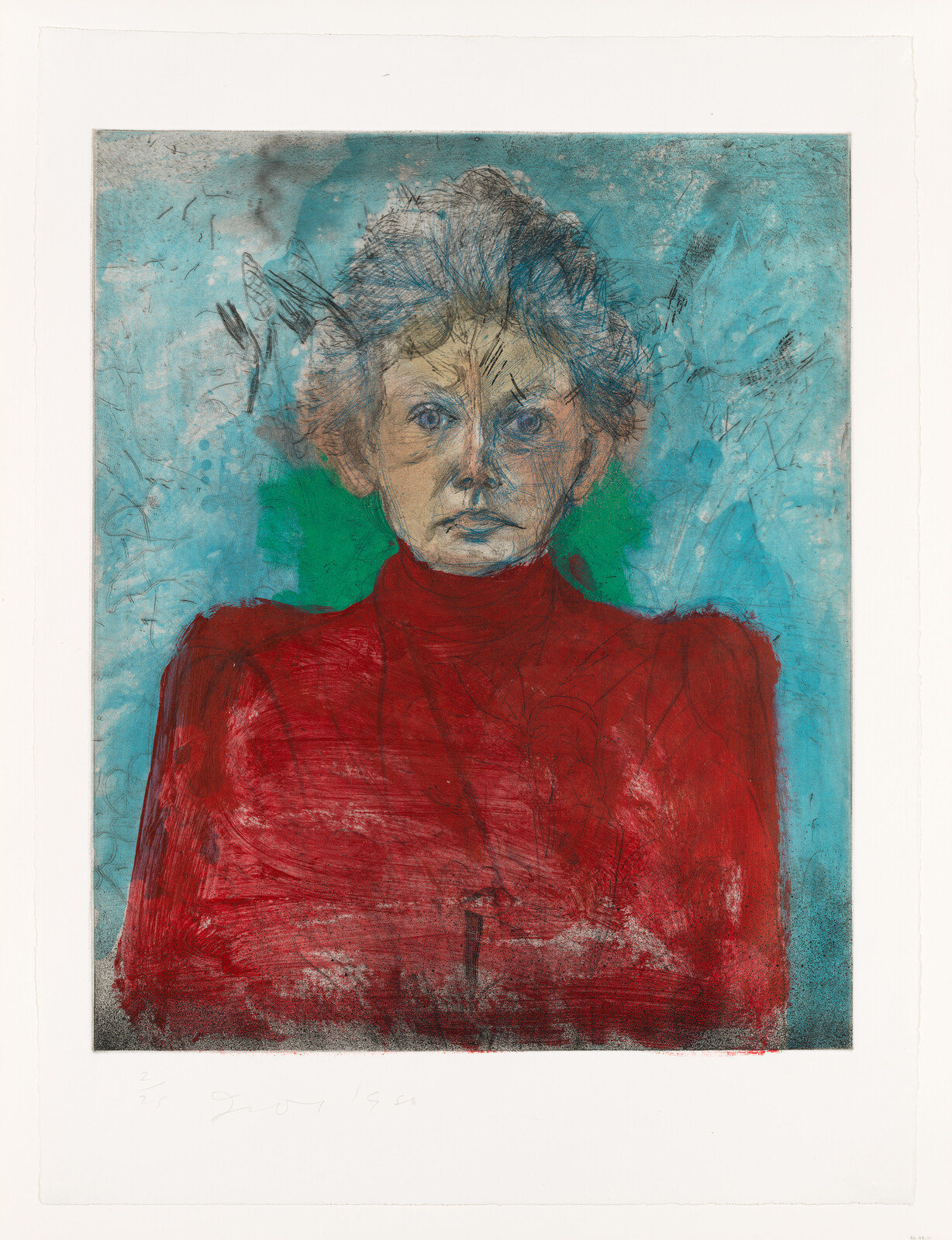 A colorful mixed-media portrait of a person with an intense gaze and wild hair, predominantly in shades of red and blue, with visible brush strokes and sketched lines, signed and numbered at the bottom.