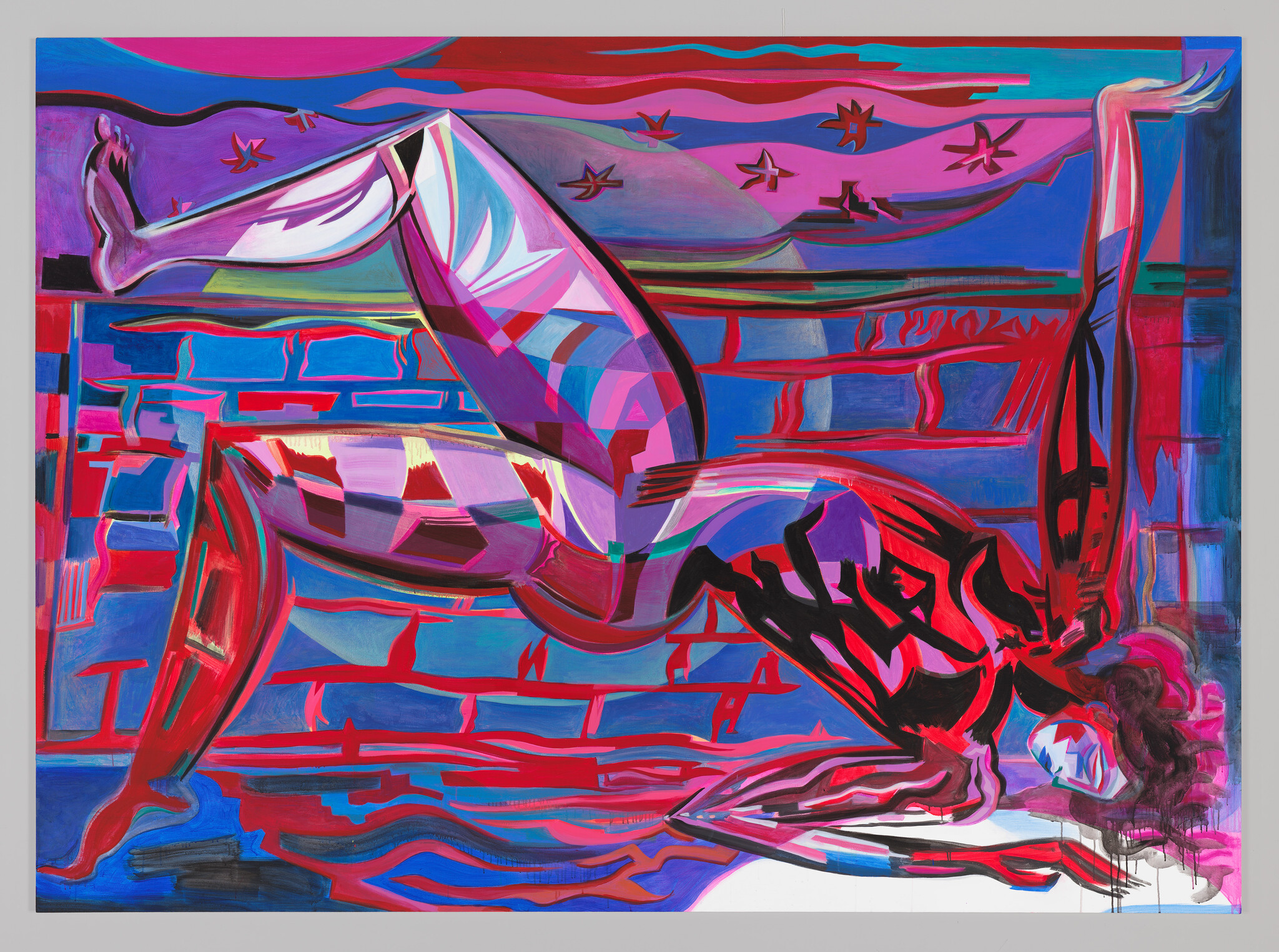 Vibrant abstract painting featuring a dynamic composition of distorted figures and shapes in bold colors such as pink, blue, red, and purple, with elements that suggest movement and fluidity.