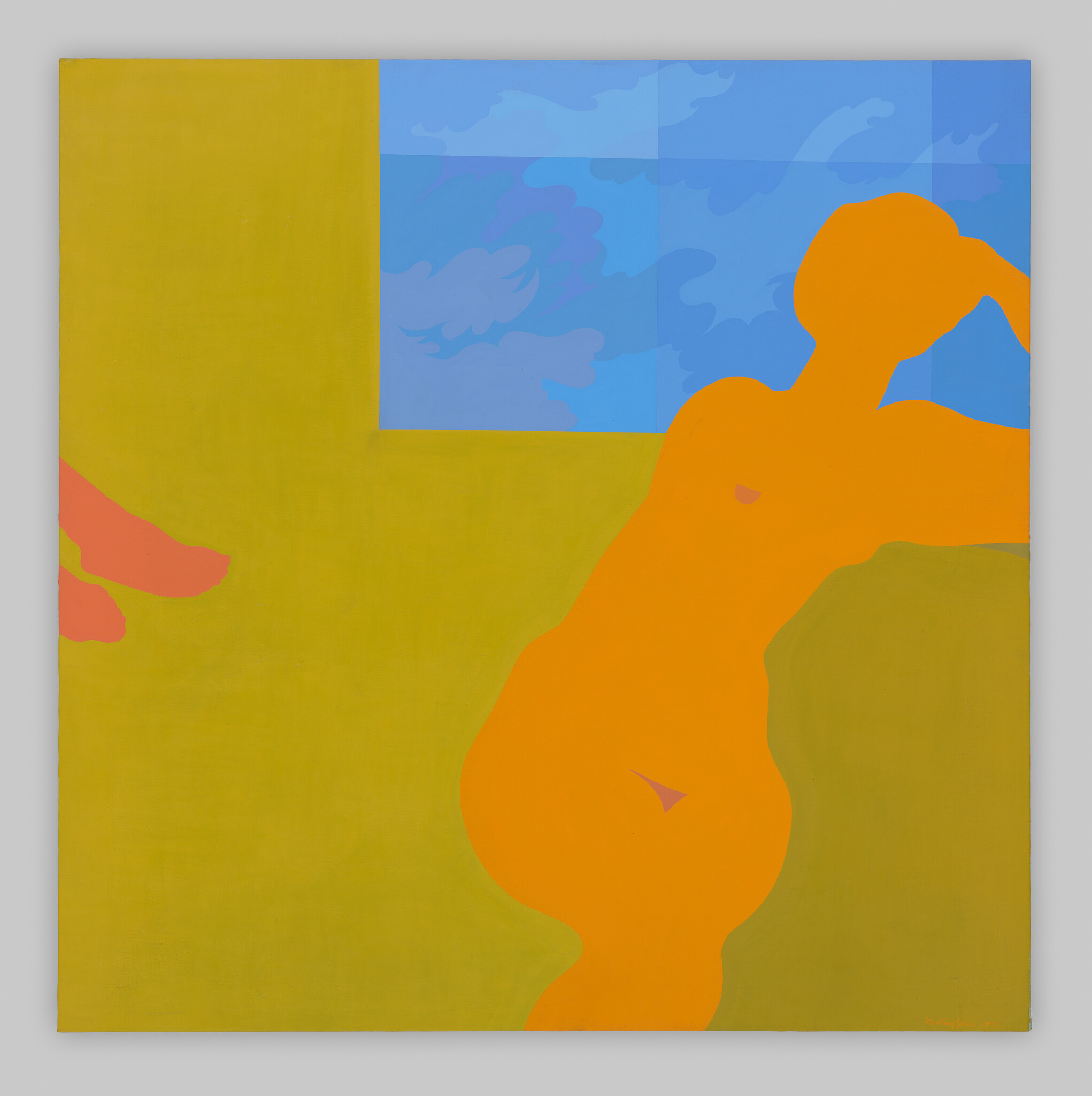 Orange reclining nude silhouette leans back beside a blue window against an olive background.