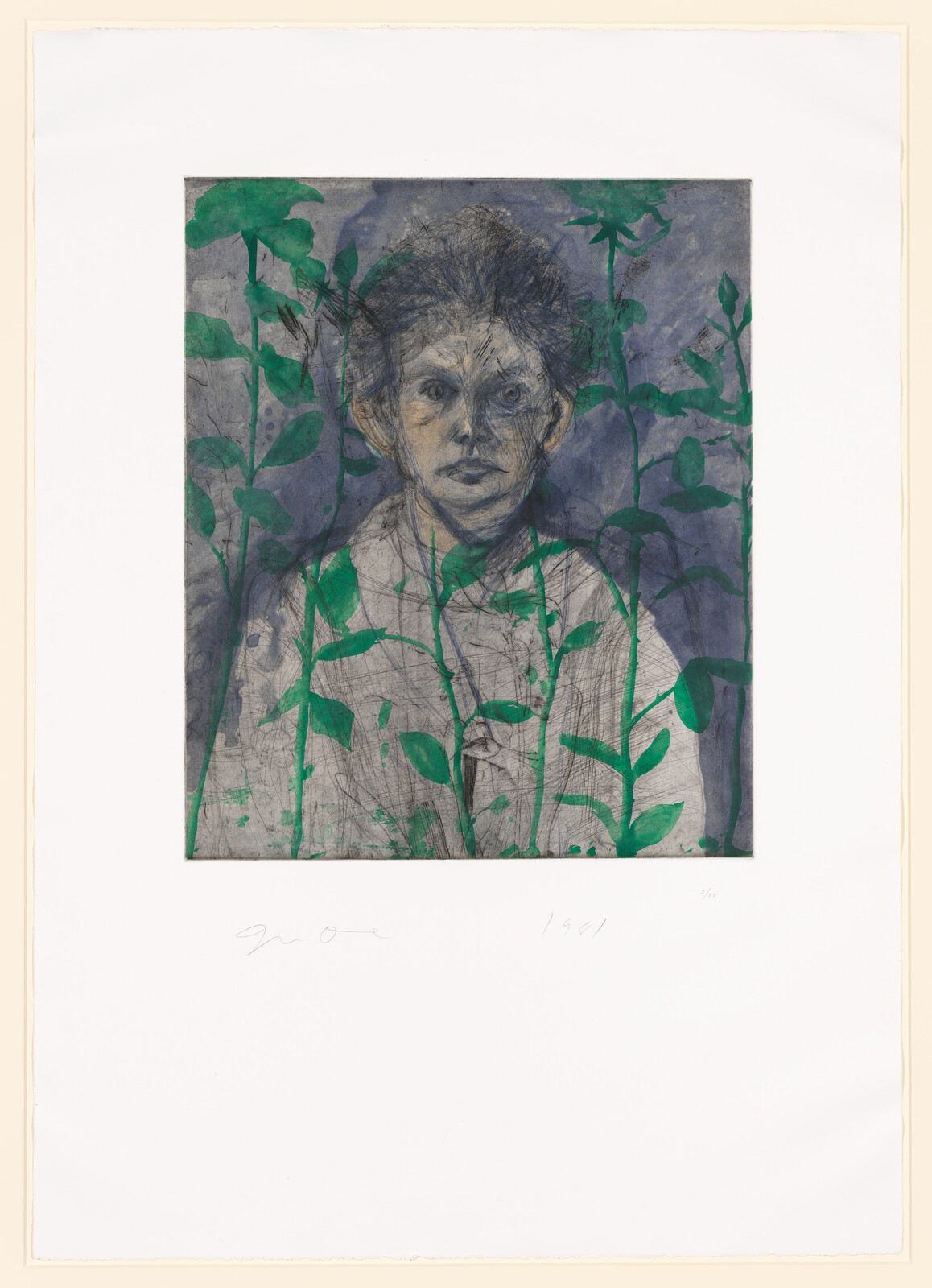 A mixed media artwork featuring a sketched portrait of a person with an intense gaze, superimposed over a background of green leaves and blue hues. The image is bordered by a wide, off-white mat, with a signature and the year 1961 handwritten in the lower margin.