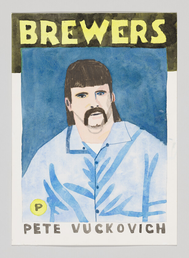 A baseball card illustration of a man wearing a blue collared shirt and a mullet with the text "Pete Vuckovich" underneath him