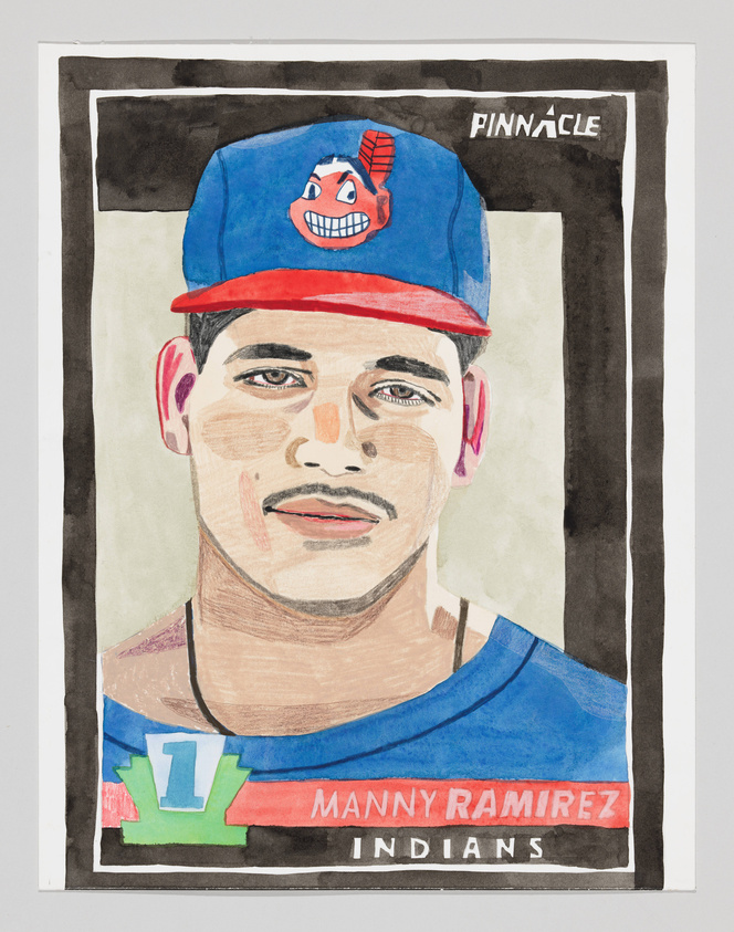 A baseball card illustration of a latino man wearing a baseball cap with the Cleveland Indians logo