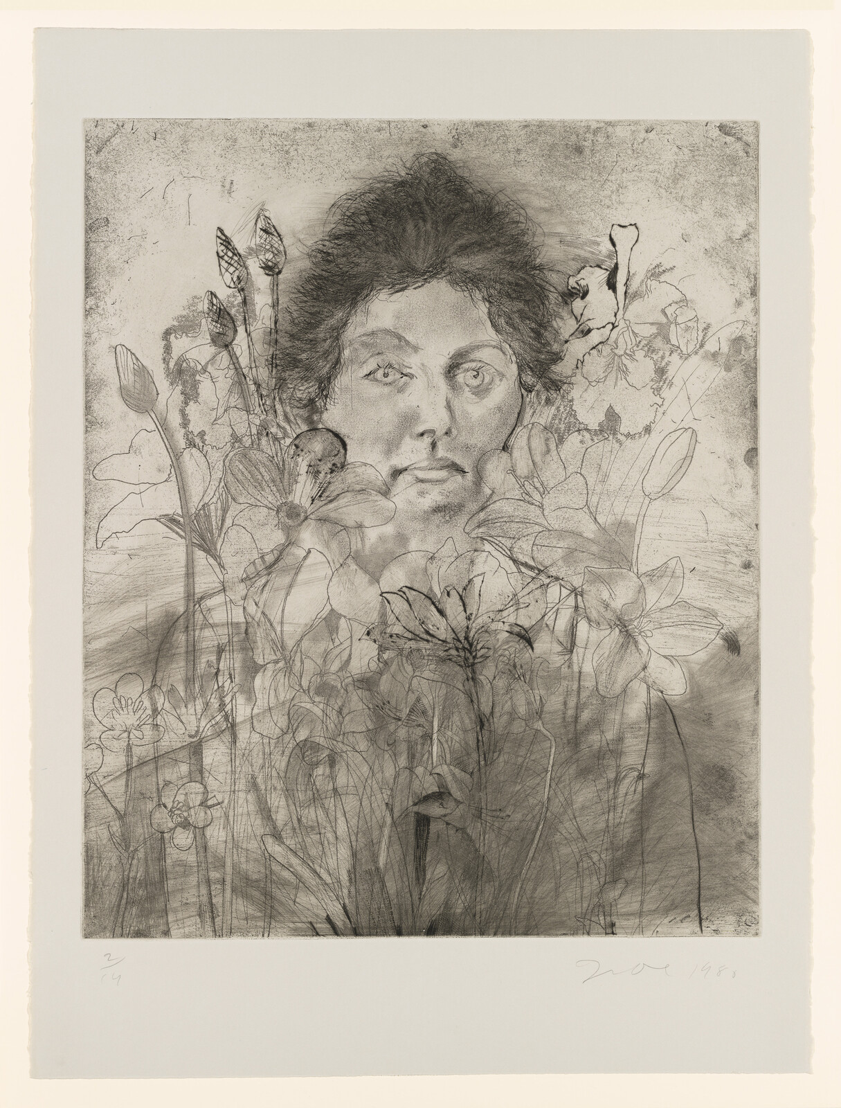 A woman's contemplative face surrounded by overlapping pencil-sketched flowers and buds.