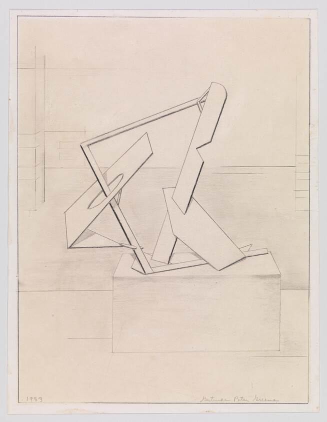 A pencil drawing of an abstract angular metal sculpture mounted on a rectangular pedestal.