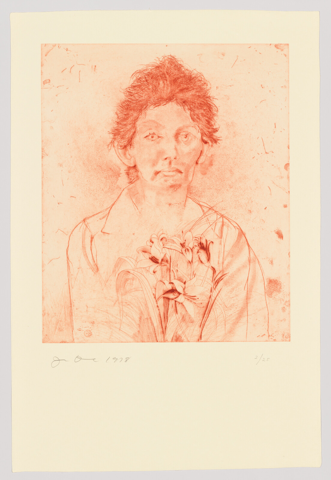 A red-toned etching of a person holding a bouquet of lilies with a neutral expression.