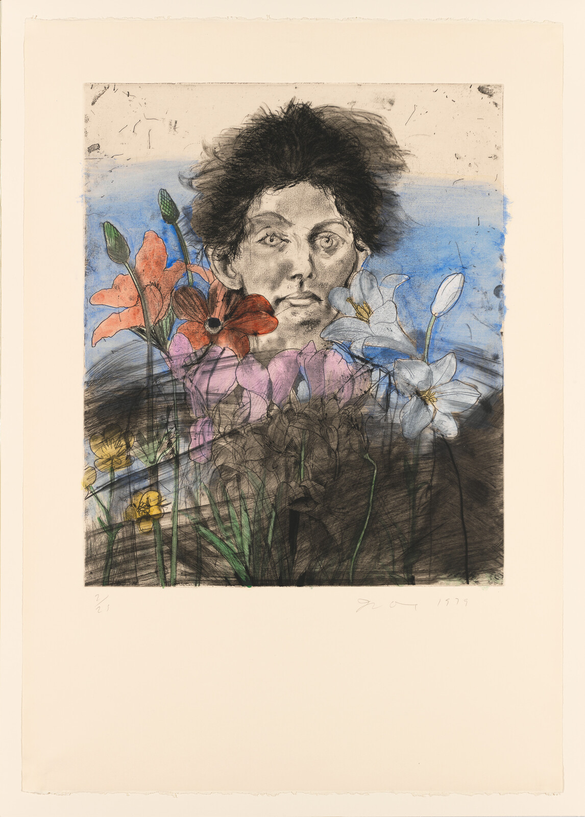 A young person's face emerges from a dense cluster of colorful flowers against a blue background.