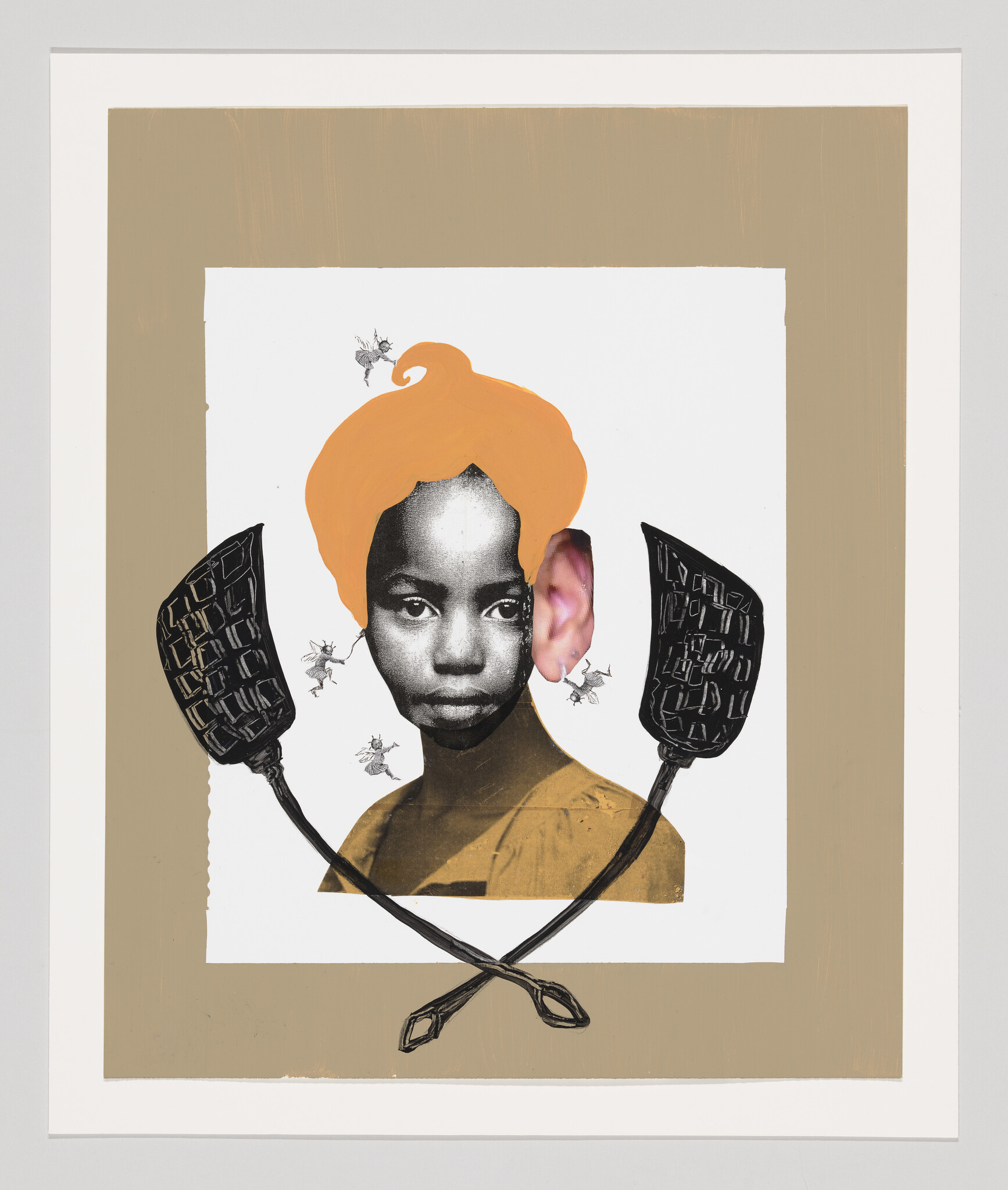 Young girl's portrait with orange hair and oversized ear, crossed fly swatters and small flies.