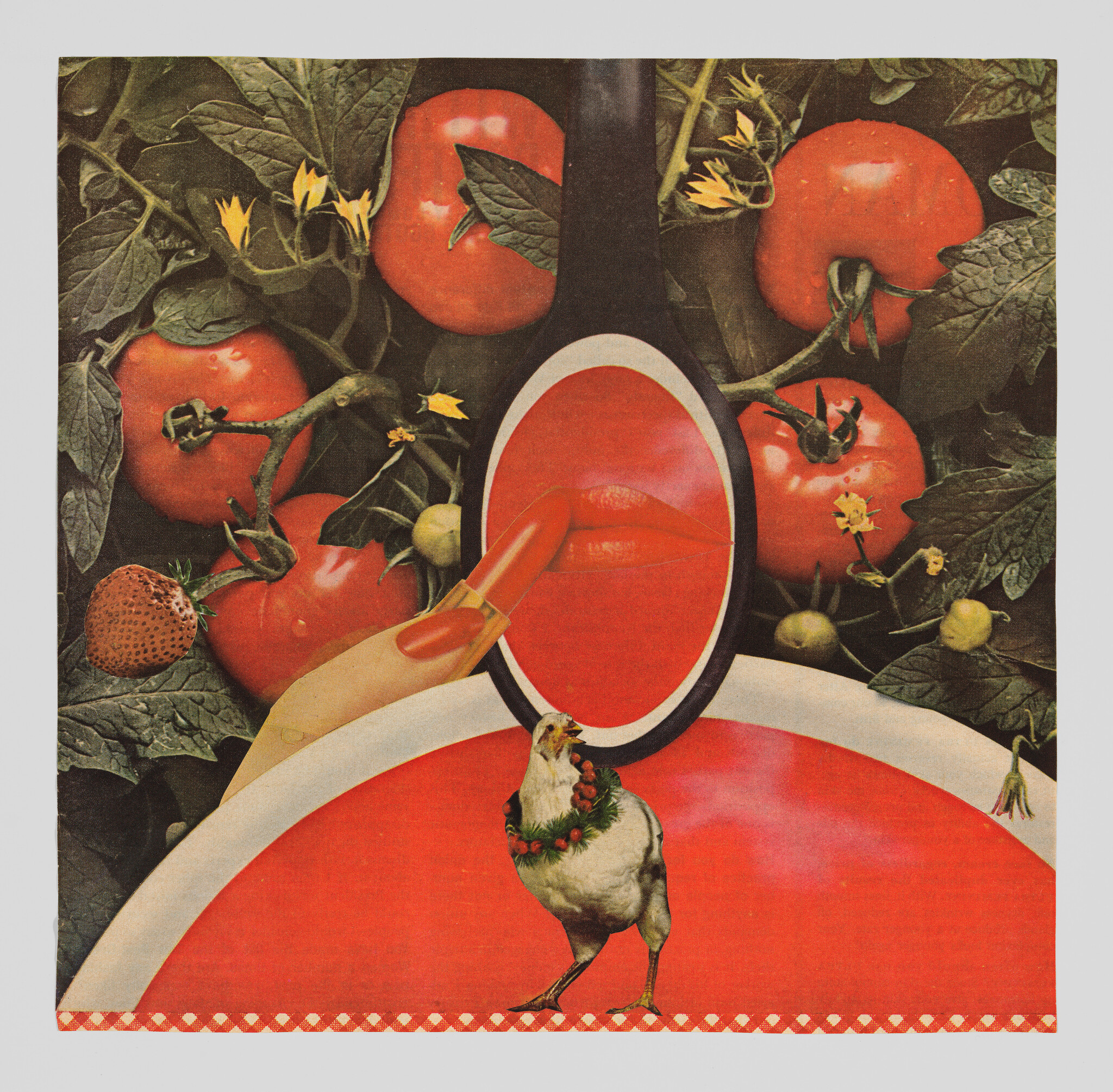 A hand applies red lipstick in a mirror with tomatoes in the background and a chicken wearing a wreath.