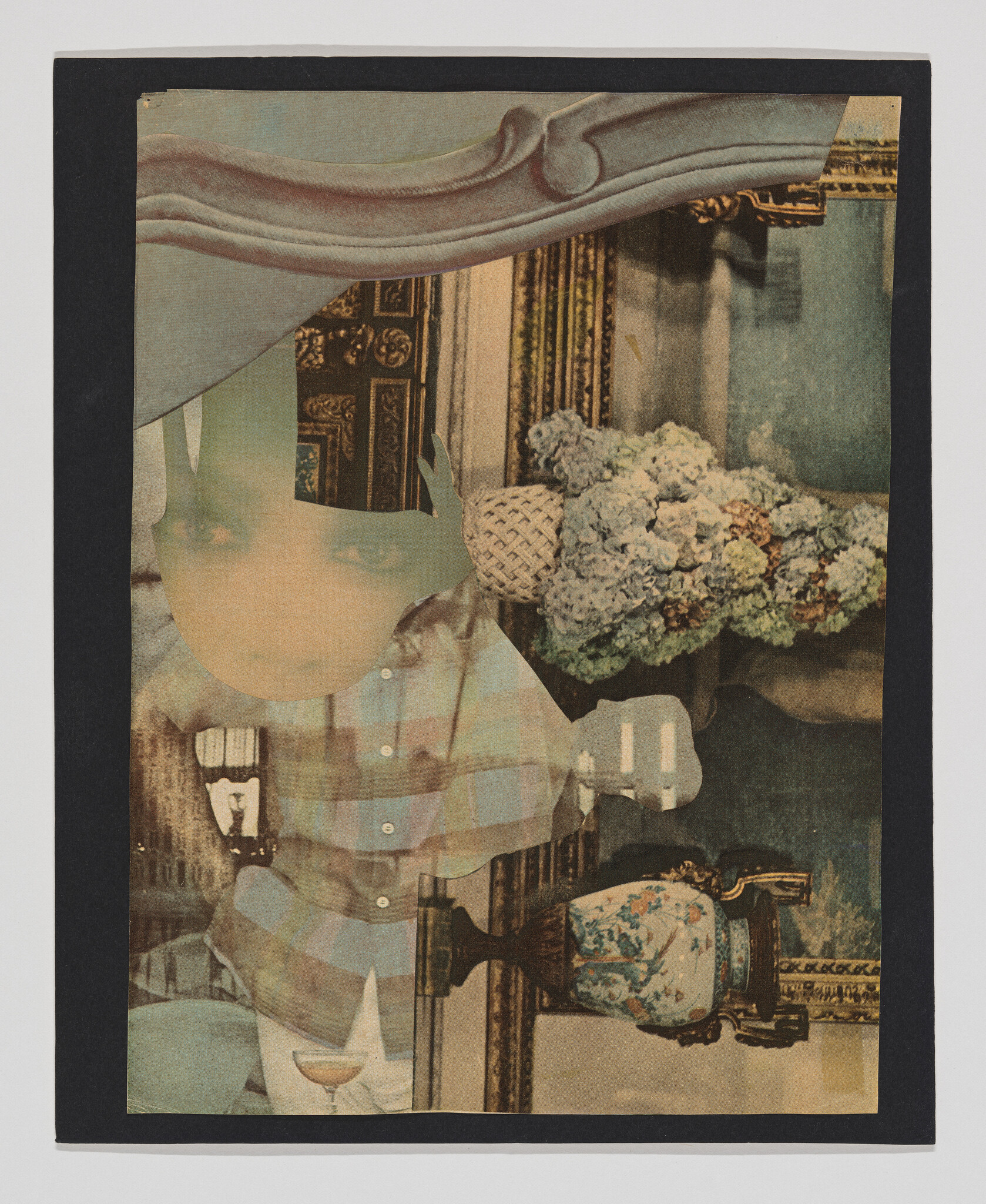 A translucent childlike face overlaid on an ornate room with vase and hydrangea bouquet.