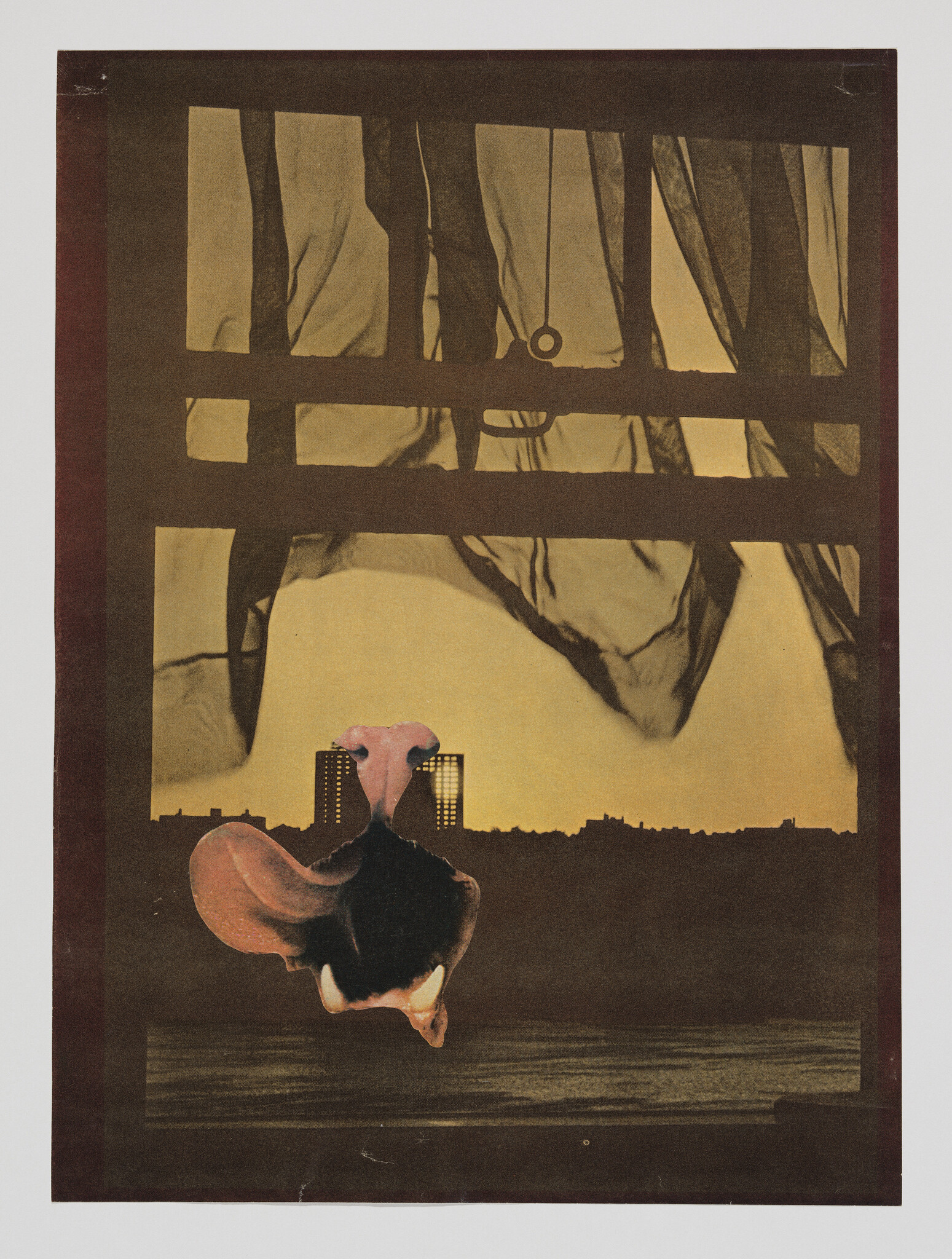 A torn sheer curtain hangs over a city skyline with a floating abstract pink and black shape.