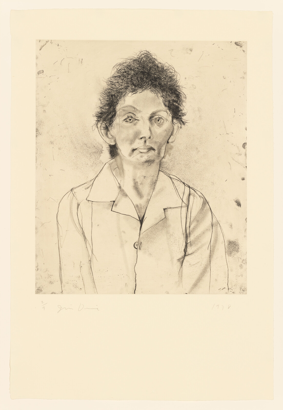 A charcoal portrait of a woman with messy hair wearing a collared shirt and neutral expression.