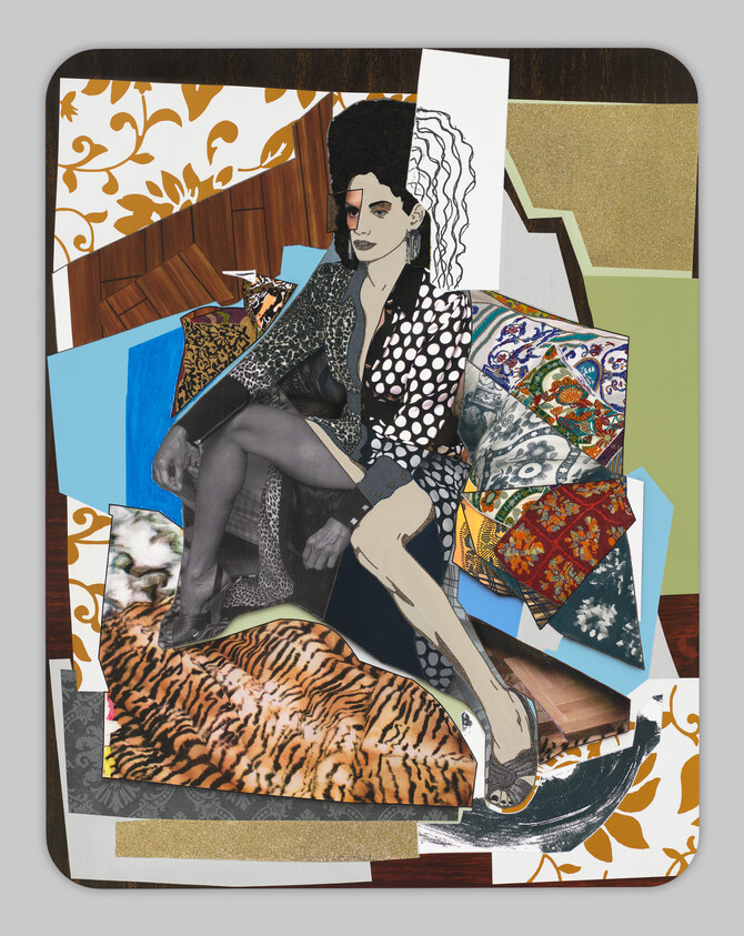 On a collaged background, a collaged seated woman with splayed legs and voluminous dark hair