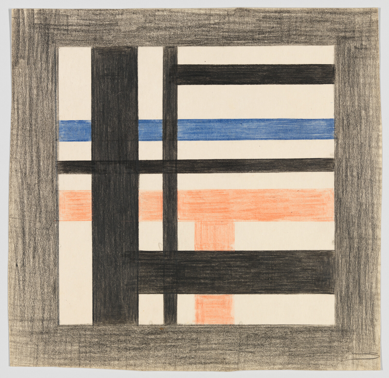 A geometric grid of black, blue, and orange bars within a shaded gray border.