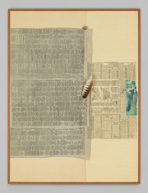 Large framed collage of folded newspaper pages pinned to board with a hanging feather.