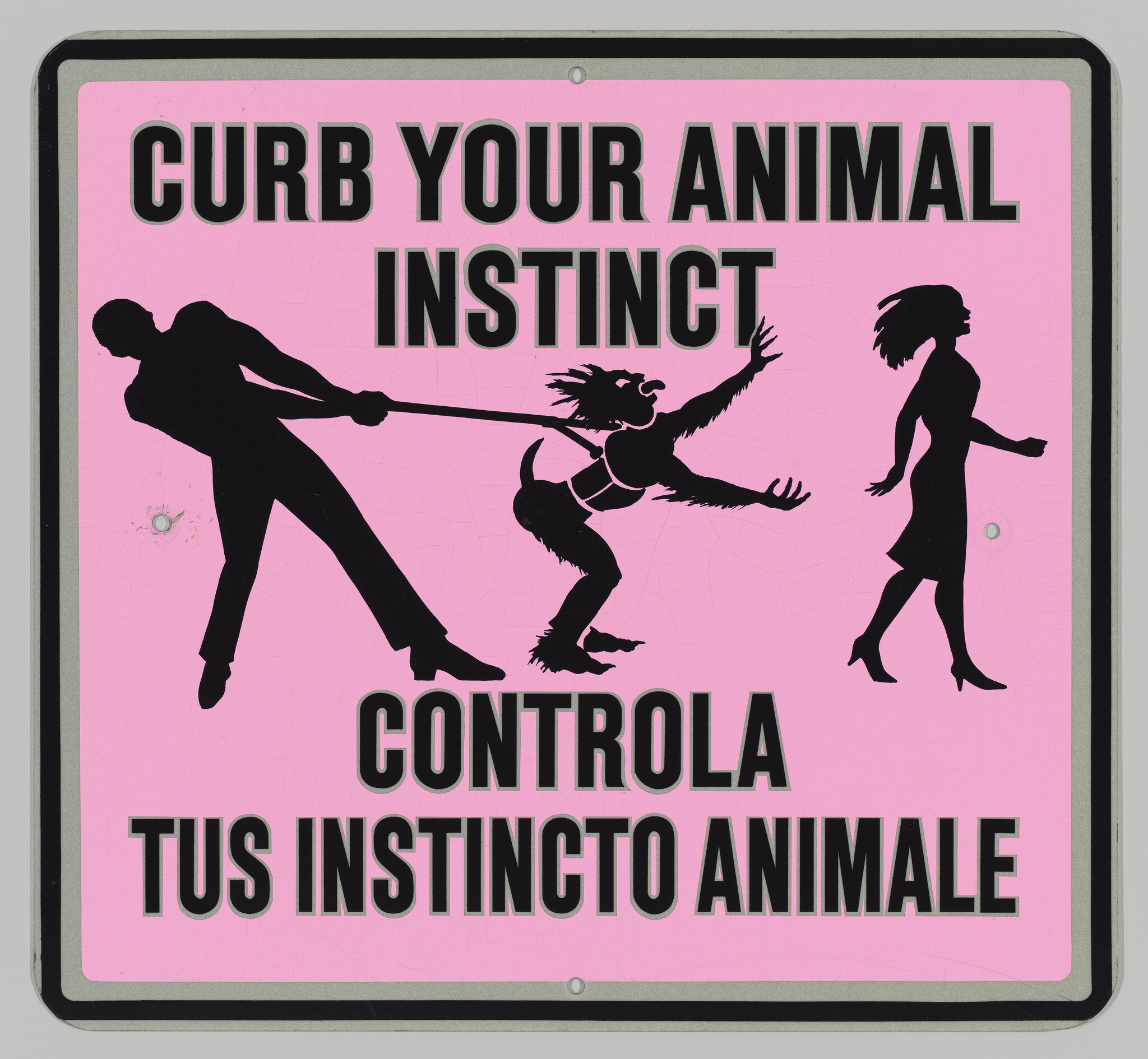 Sign reads "Curb your animal instinct" with a silhouette of a man restraining a snarling creature.