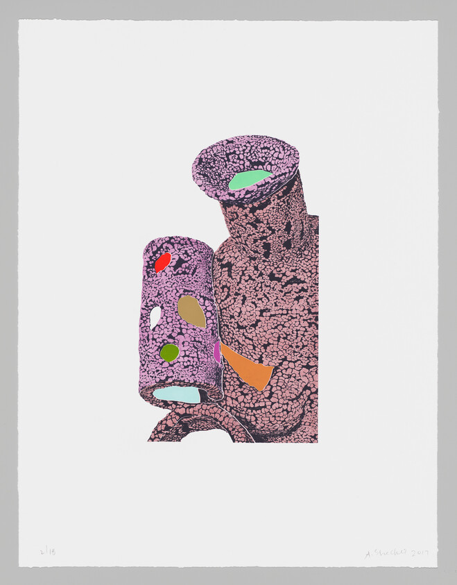 Two blobby, pale pink and orange shapes against a white background, both covered in scaly patterns and big holes filled with bright colors.