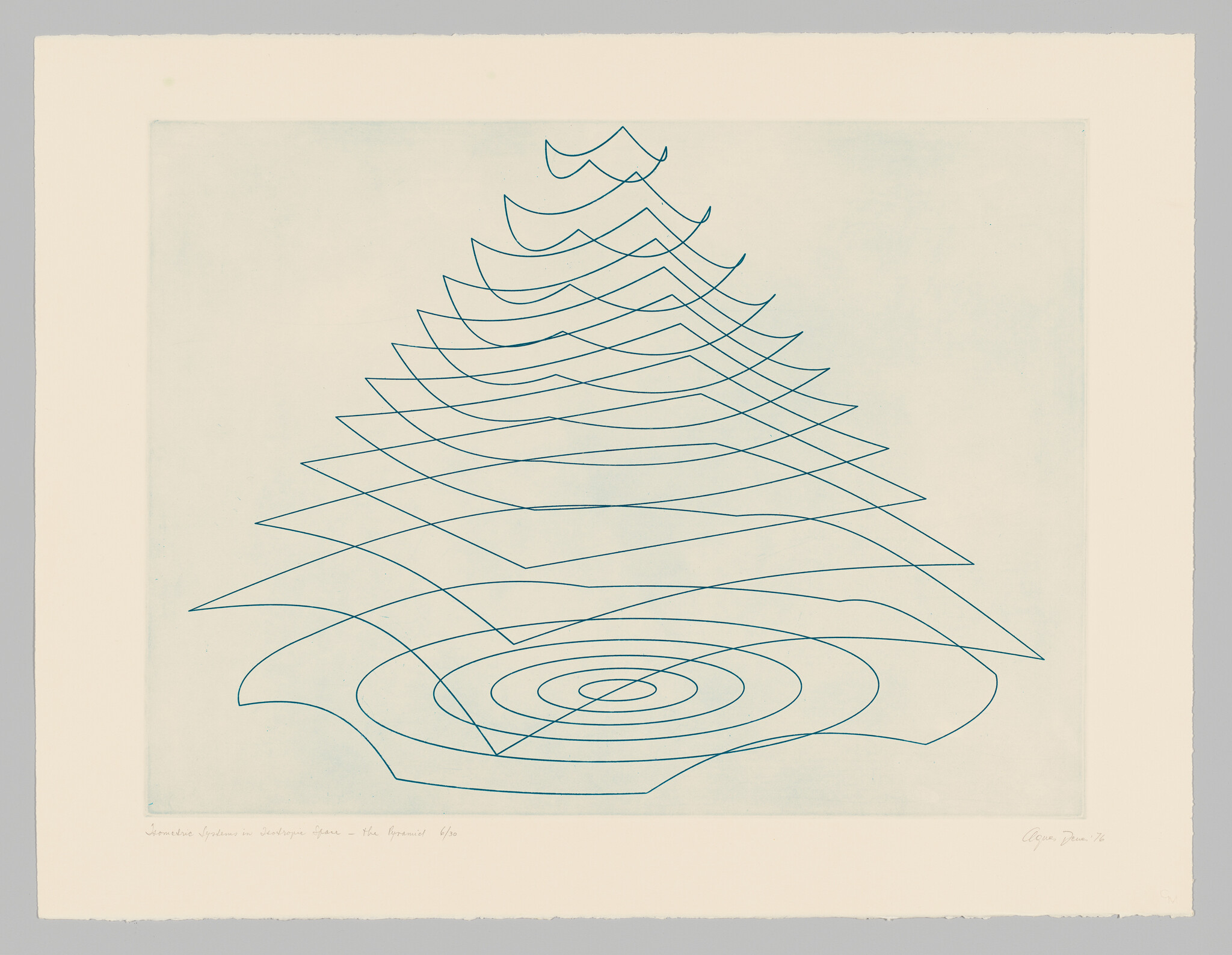 Layered teal contour lines form a pyramid-like structure with concentric rings at the base.