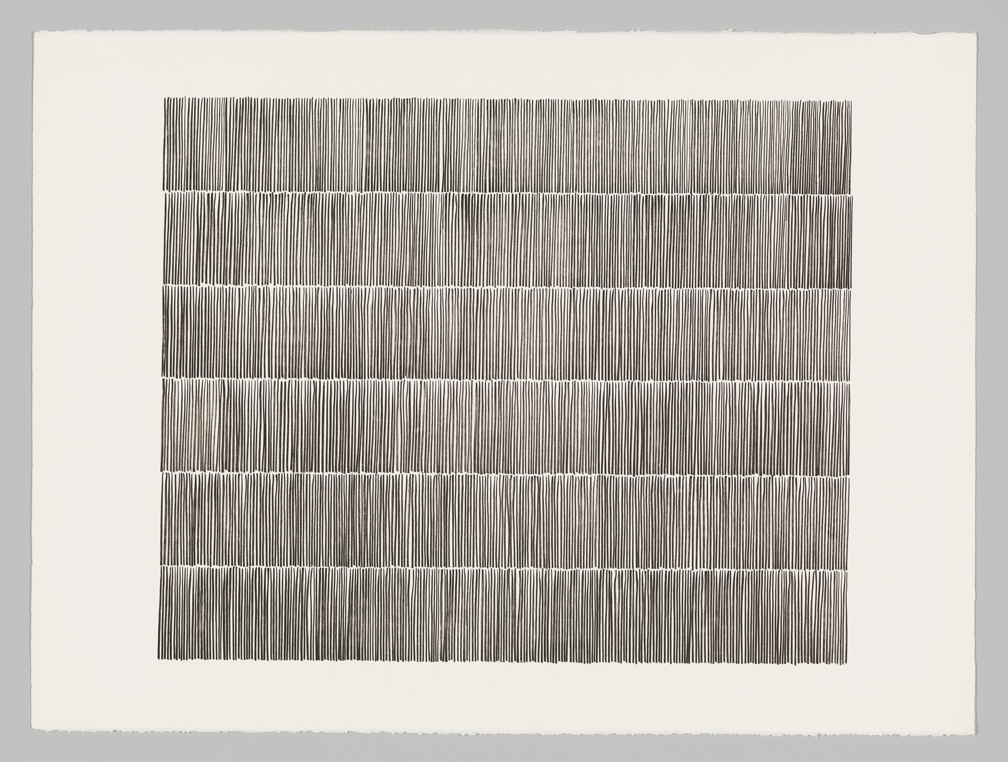 Dense vertical black lines form stacked horizontal bands on a white square background.