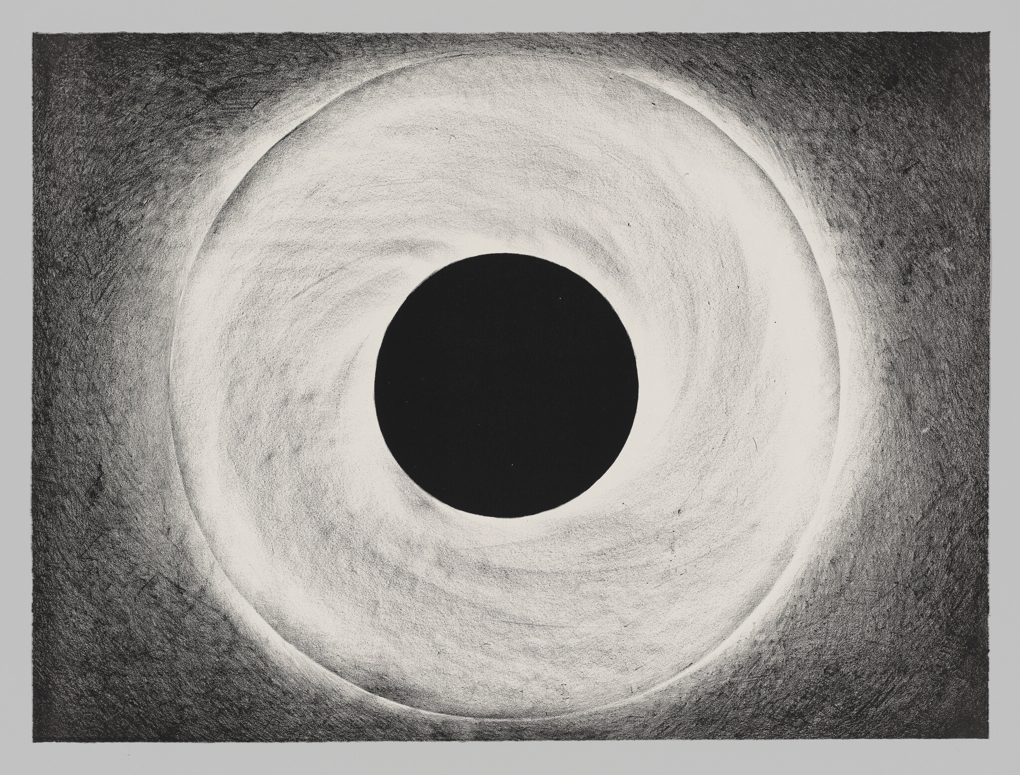 A large dark circle sits at the center of swirling white and gray concentric rings.