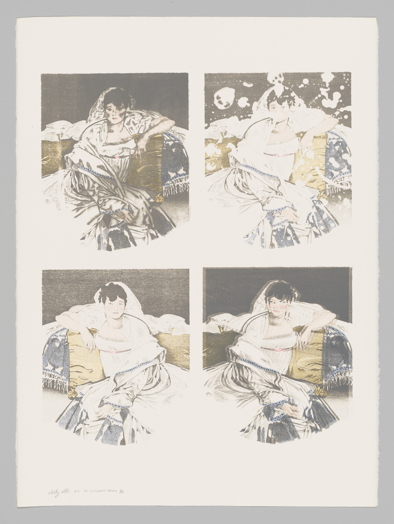Four variations of a print depicting a woman seated on a bed with a dark background, each with different color schemes and levels of detail. The woman is dressed in a white garment with blue accents and is partially covered by a patterned blanket. The prints are arranged in a two-by-two grid on a white background, with the artist's signature and a date in the bottom left corner.
