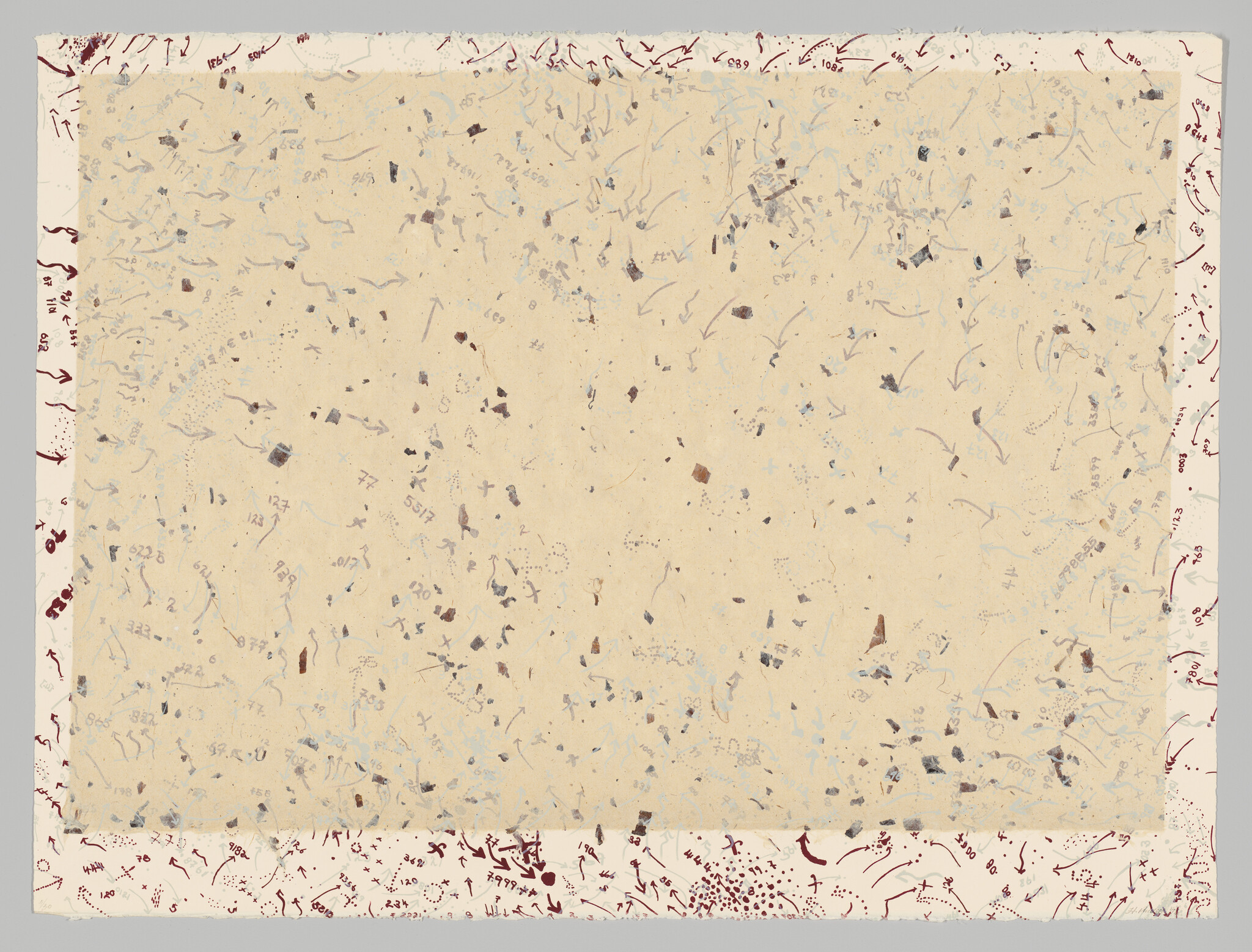 Large beige paper with scattered specks and faint marks surrounded by a decorative red-arrow border.