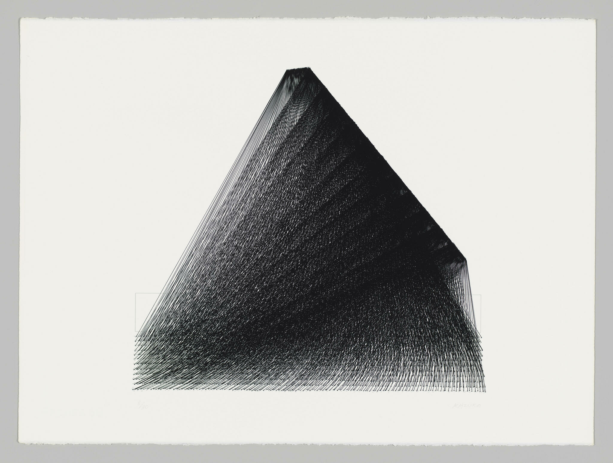 A black and white abstract artwork featuring a dense array of fine lines creating a pyramid-like shape against a white background. The texture within the shape gives the impression of volume and depth.