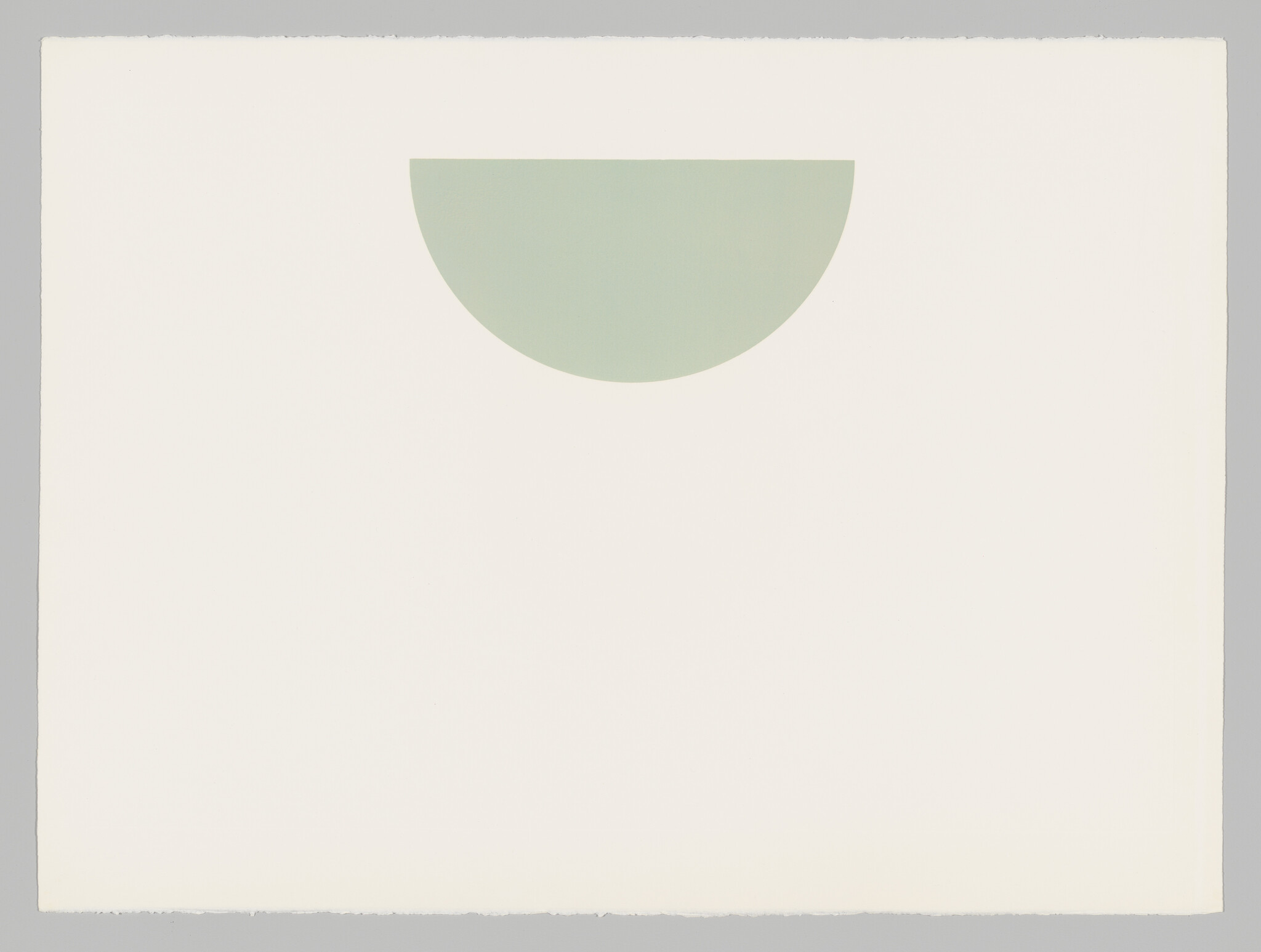 A minimalist artwork featuring a large, pale green semicircle centered at the top of an off-white canvas.