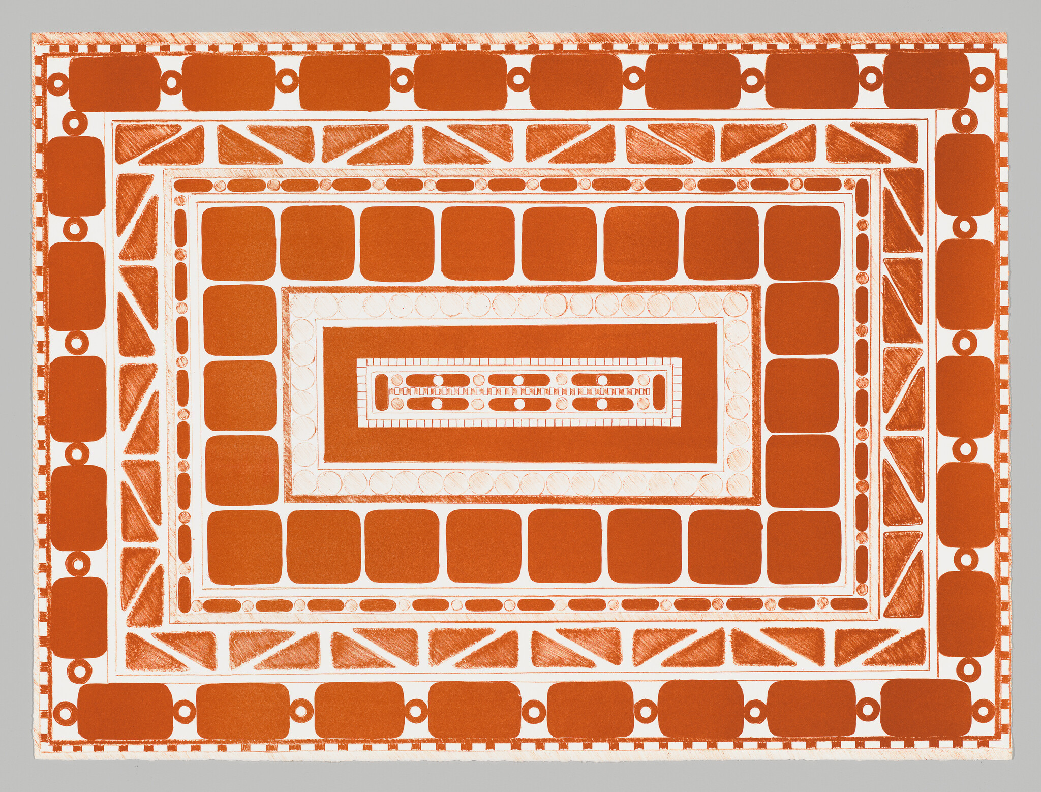 A bold orange and white rectangular geometric pattern with concentric rounded squares and triangular motifs.