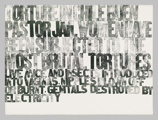 Large block text poster listing brutal tortures inflicted on women, including animals, burning, and electric mutilation.