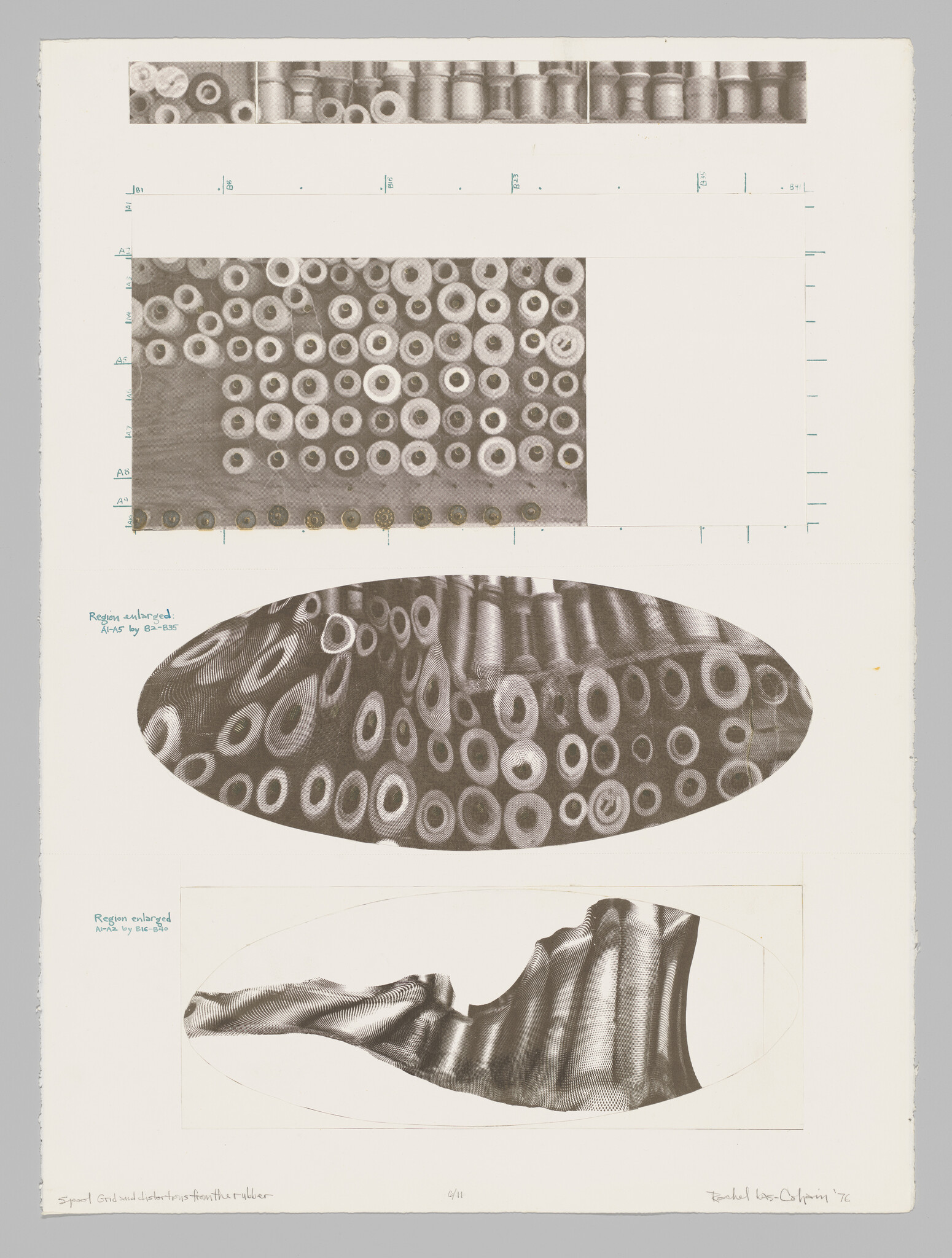 Multiple grayscale prints show repeated circular tube patterns and a textured oval shape on paper.