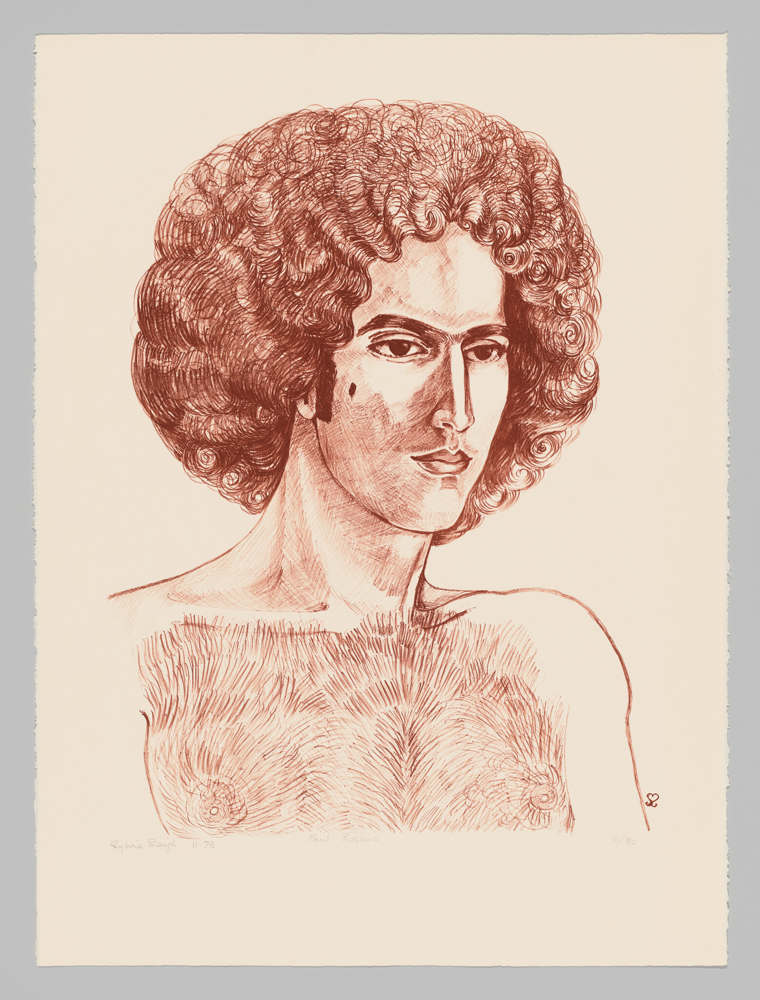 A stylized portrait of a young person with curly hair and a bare, hairy chest.