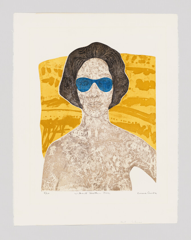 A naked woman in front of a swath of vivid yellow observes us through blue sunglasses.