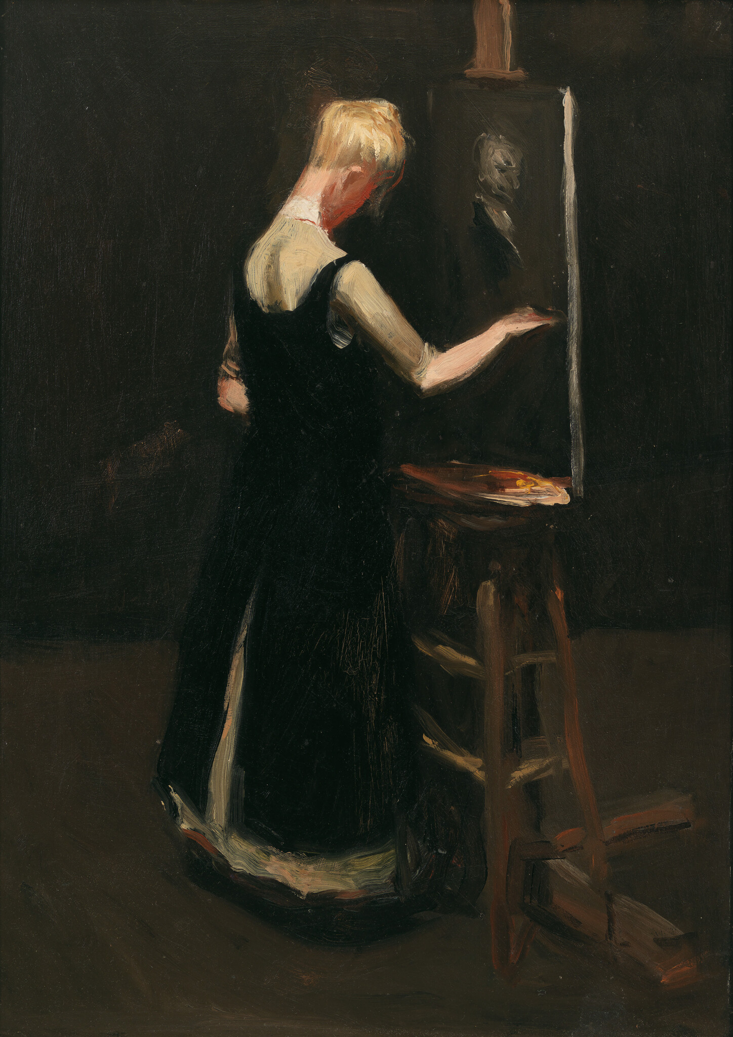 A blonde woman in a dark dress paints at an easel in a dim studio.