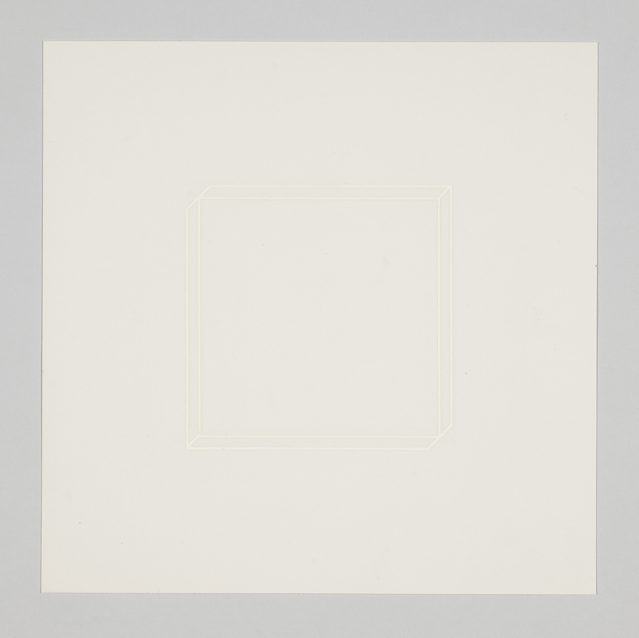 A minimalist artwork featuring a faint, embossed square within a larger square canvas, creating a subtle geometric design with an emphasis on texture and light.