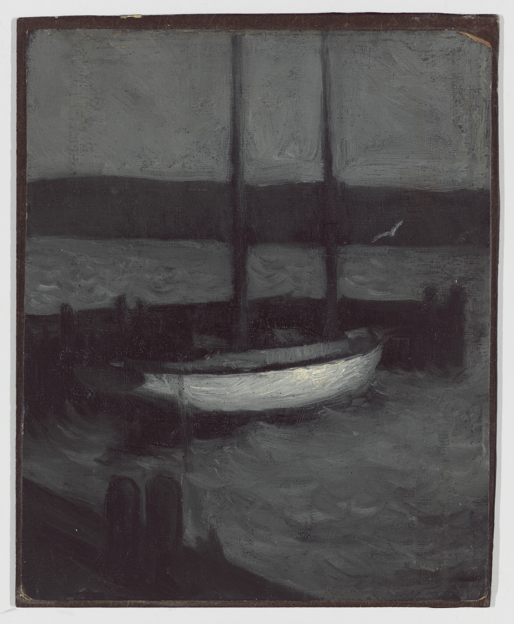A small white rowboat sits tied at a dark, quiet dock under dim light.