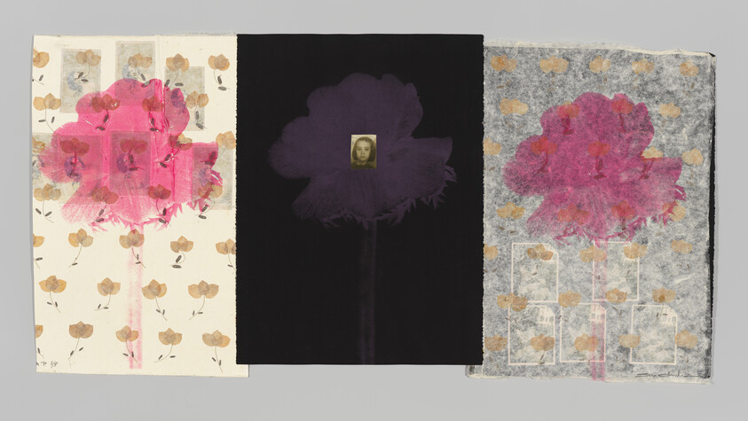 Three-panel artwork showing three large stylized flowers, center panel dark with a small portrait.