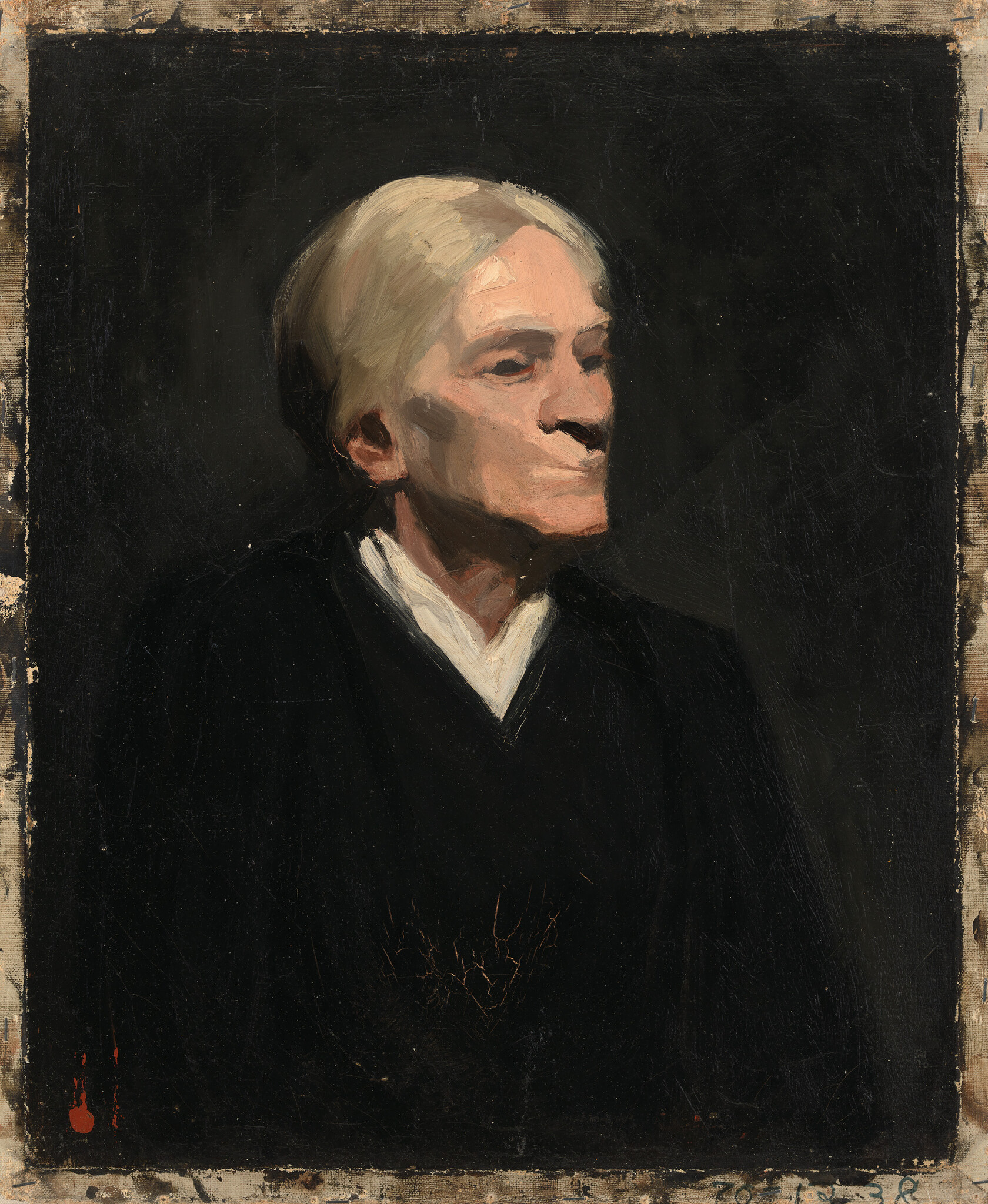 Elderly woman with pale hair and dark clothing looking to the right with a stern expression.