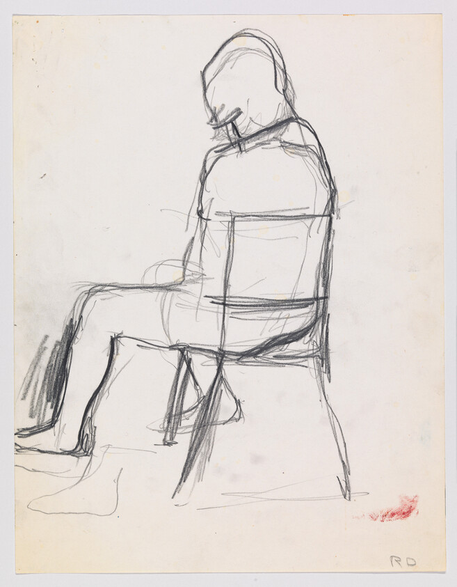 A simple charcoal sketch of a person sitting on a chair with head slightly bowed.