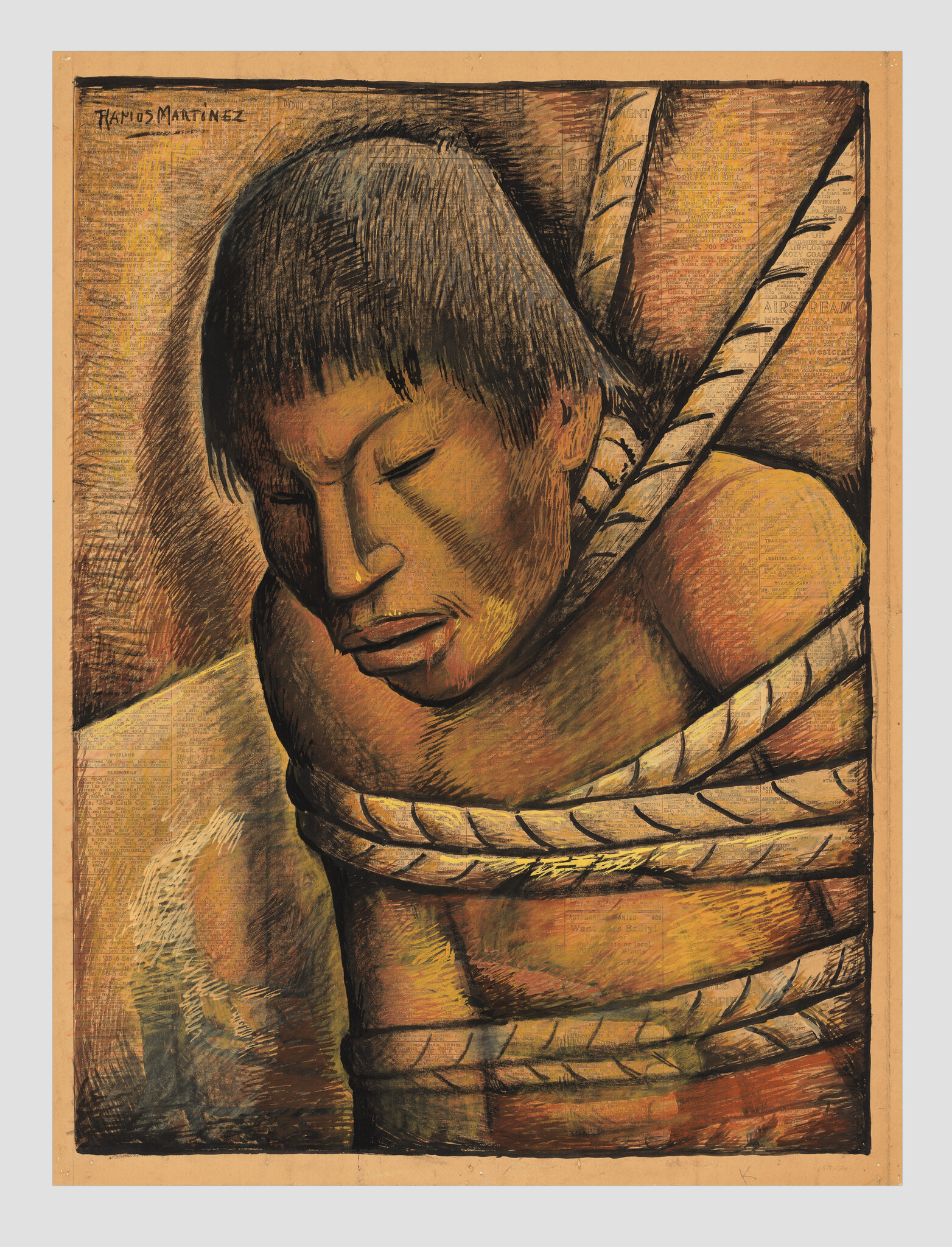 A young person with closed eyes bound by thick ropes wrapped around their torso and shoulders.