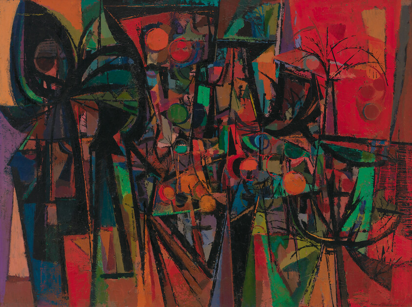 Vibrant abstract painting of overlapping geometric shapes and circles forming a chaotic colorful composition.