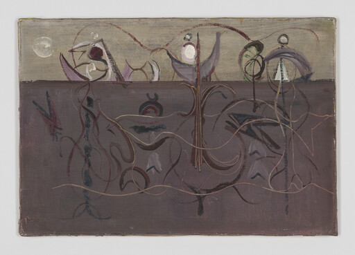 Muted abstract painting showing plant-like forms and looping lines across a divided horizon.