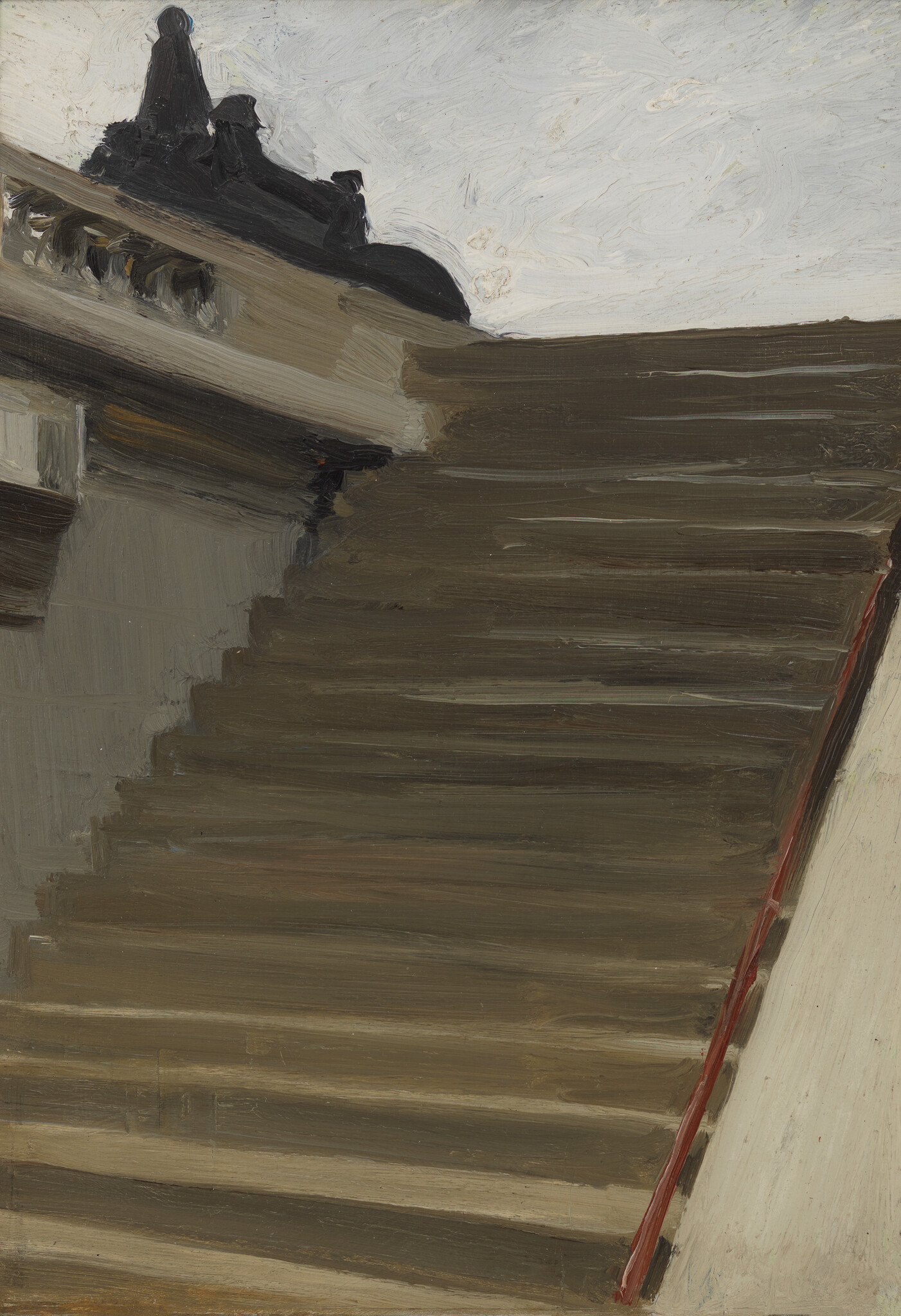 A steep set of worn stone steps rising beside a building with decorative cornice and cloudy sky.