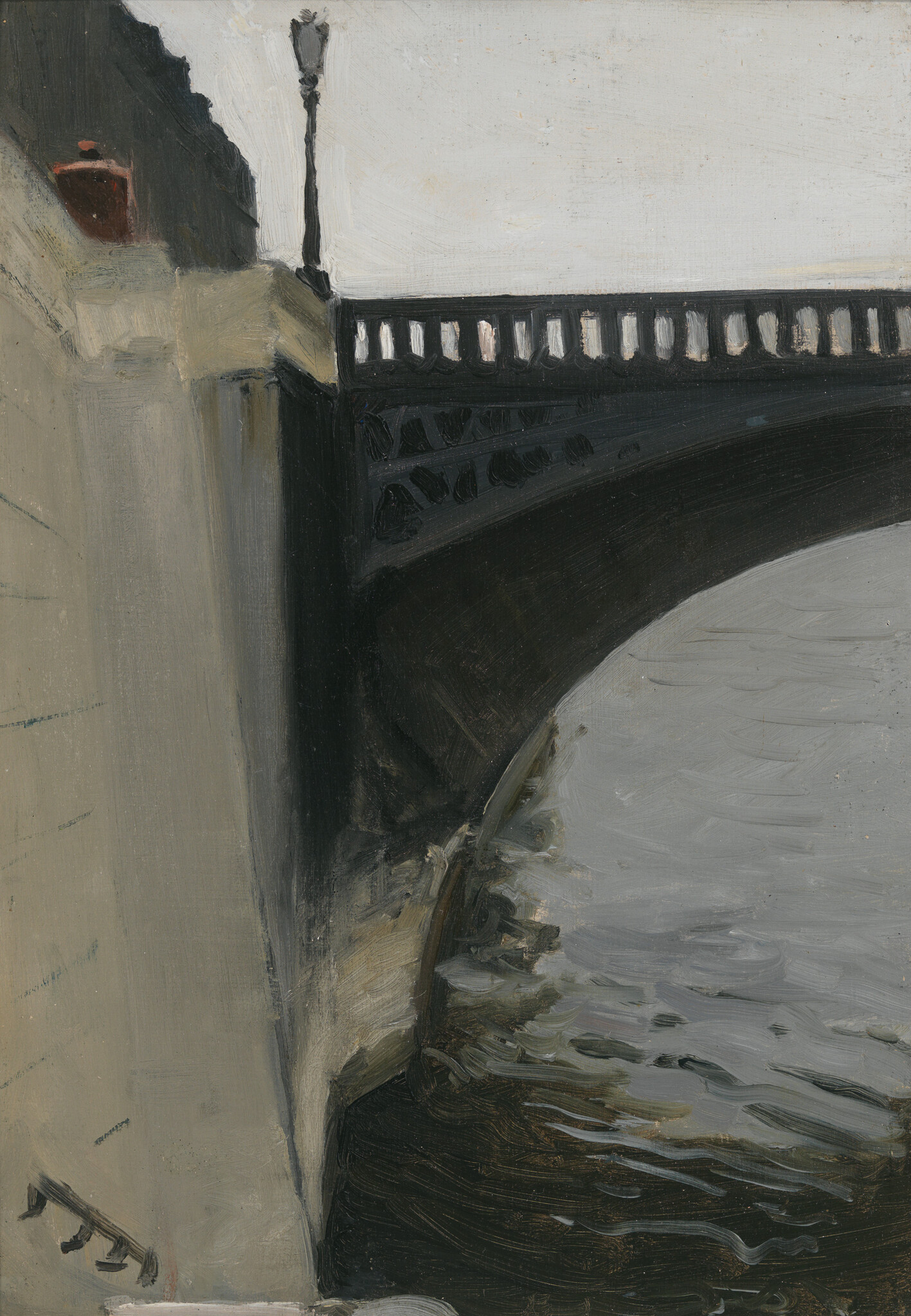 A dark iron bridge spans over rippling water beside a pale stone embankment.