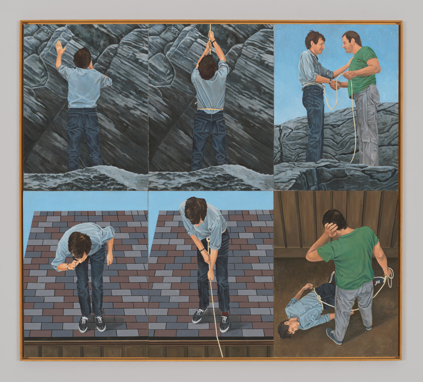 A man performs rope climbing and measuring tasks while another assists, ending with one man collapsed on the ground.