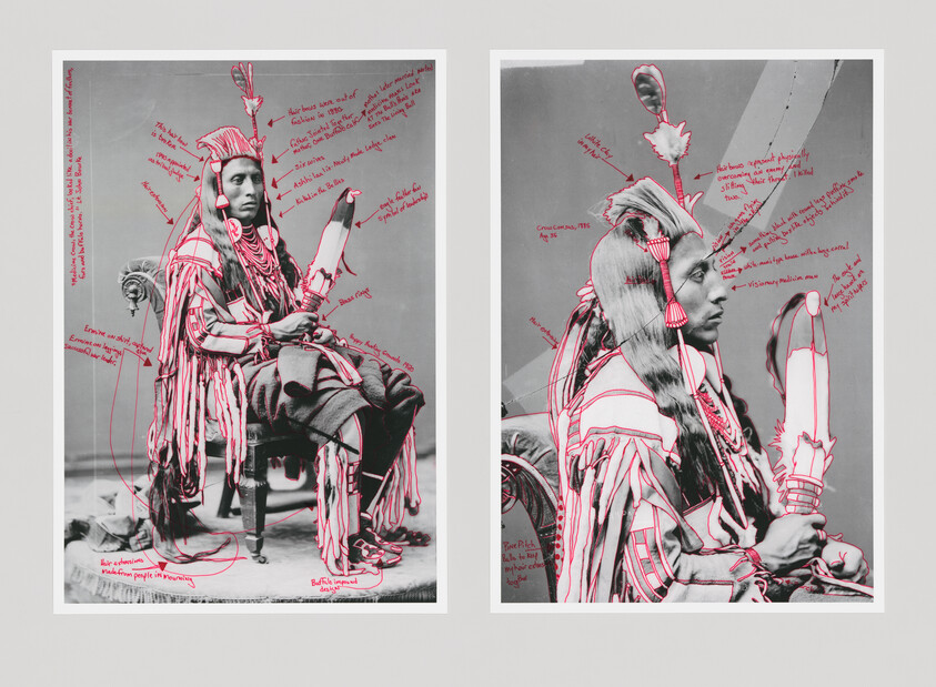 Two black-and-white portraits of a seated Native American man in traditional dress marked with pink annotated lines.