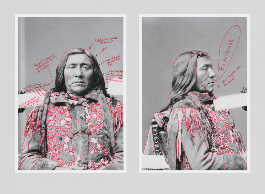 Seated man in traditional embroidered clothing shown front and profile with red annotations.