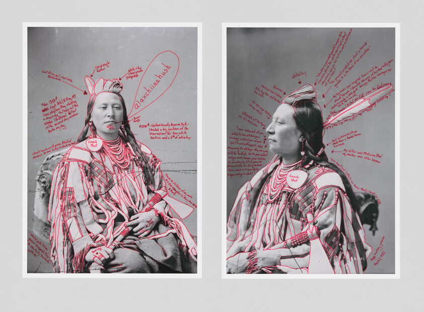 Two framed vintage portraits of a Native American man with red annotations marking clothing and accessories.